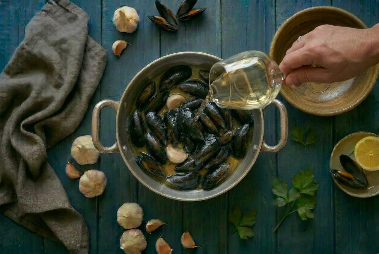 Vino bianco versato sulle cozze con aglio in casseruola