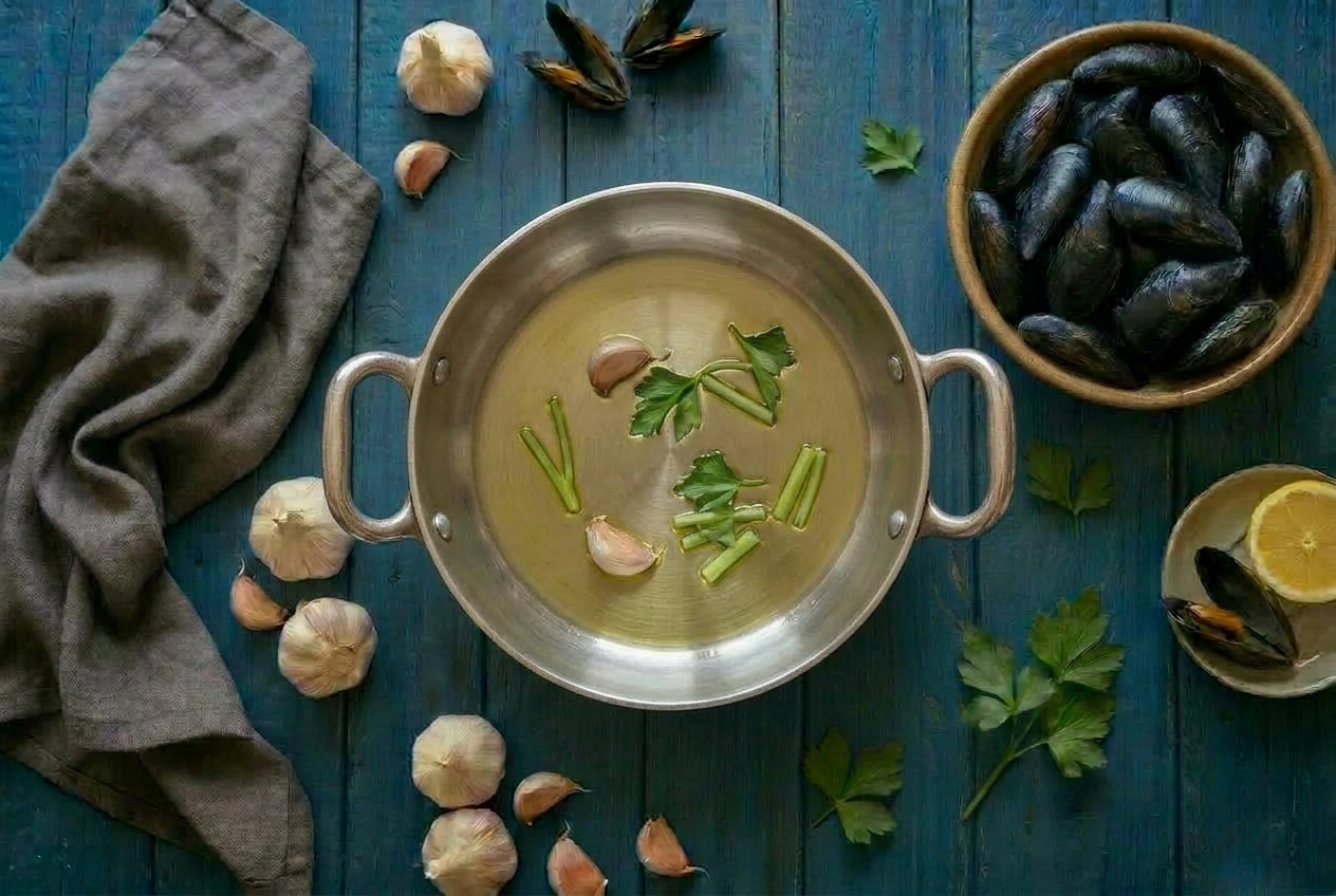 Olio, aglio schiacciato e gambi di prezzemolo in padella, con cozze fresche a lato