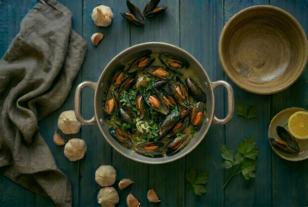 Cozze alla marinara aperte in padella con prezzemolo tritato e brodo di cottura