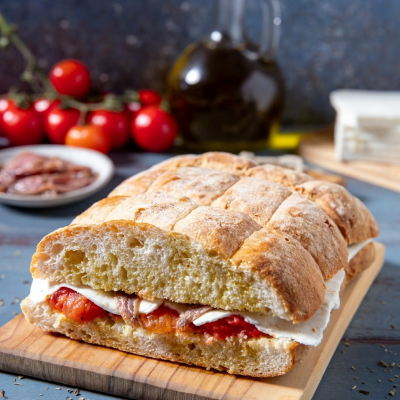 Pane cunzato farcito con pomodori, mozzarella e acciughe, servito su tagliere di legno