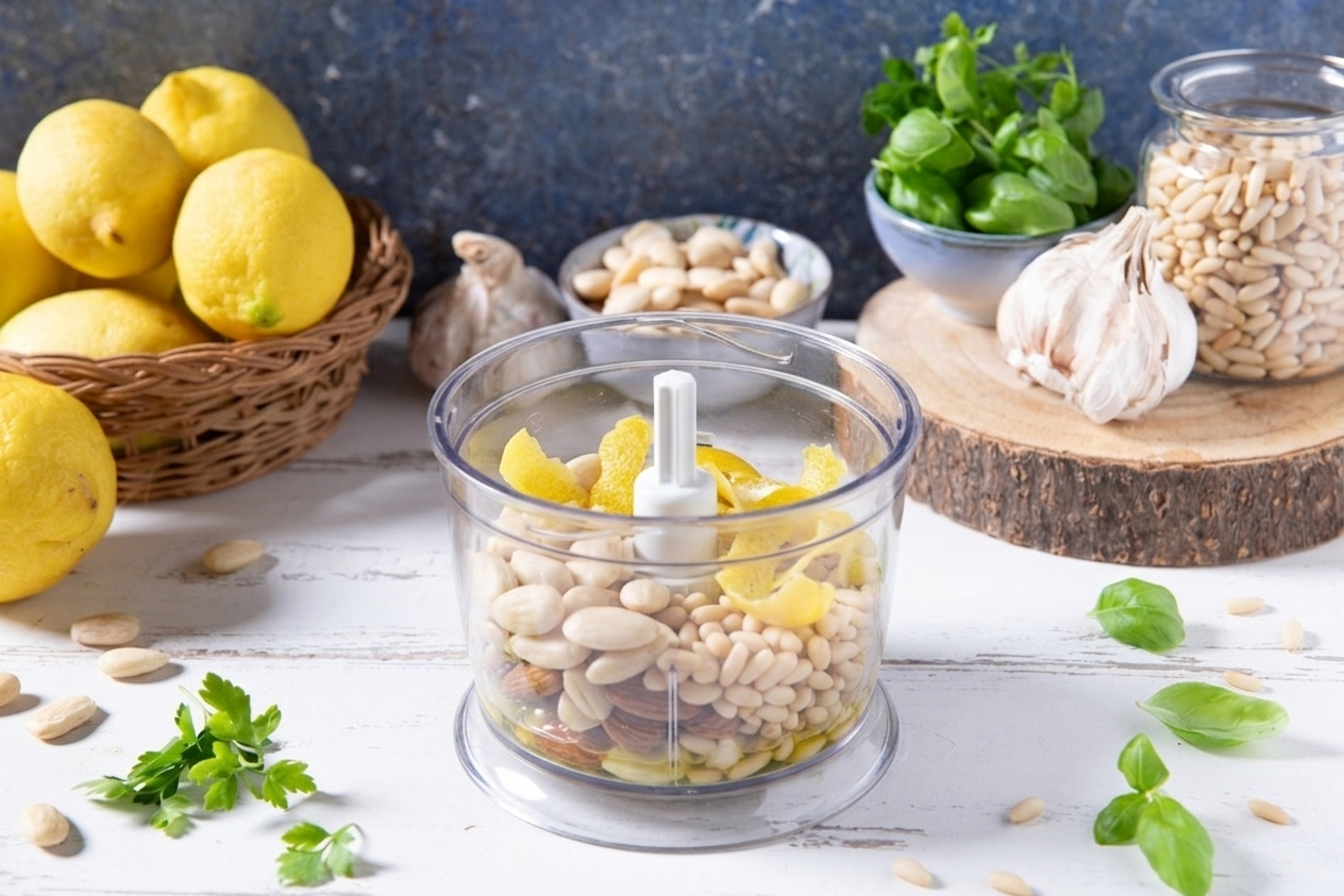 Mandorle, pinoli e scorza di limone nel boccale del mixer pronti per essere frullati