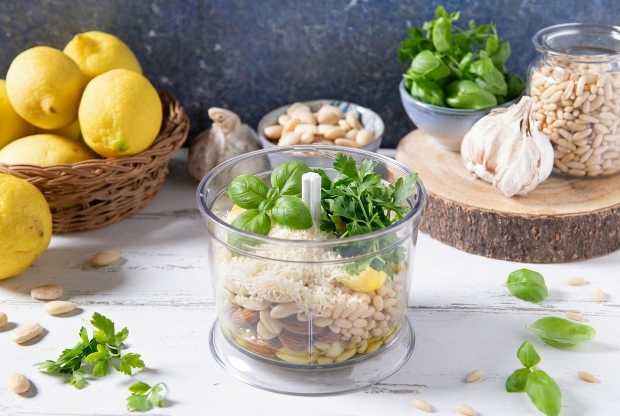 Frullatore con pinoli, parmigiano grattugiato, basilico e prezzemolo pronti da frullare per il pesto di limoni
