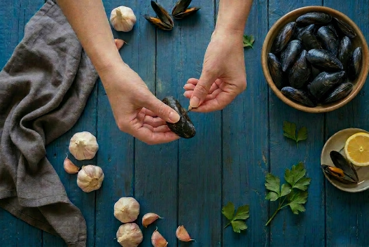 Mani che rimuovono il bisso da una cozza fresca, con aglio e prezzemolo intorno