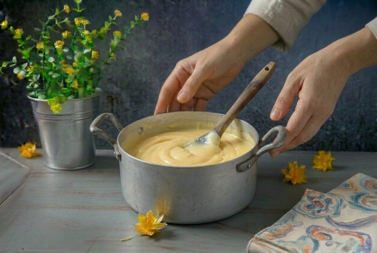 Crema pasticcera densa e lucida mescolata con un cucchiaio in casseruola