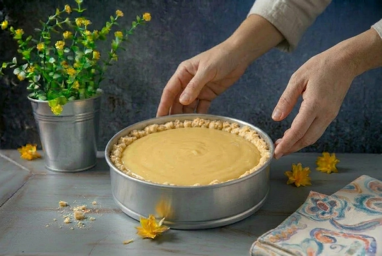 Mani che distribuiscono le briciole di frolla sulla crema pasticcera nella teglia