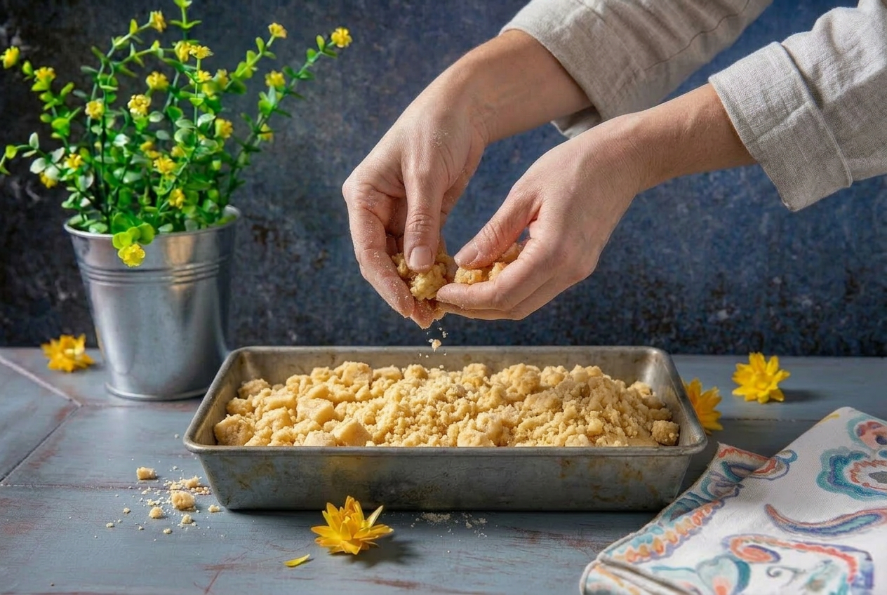 Mani che sbriciolano l'impasto di frolla sulla teglia per formare lo strato superiore della sbriciolata