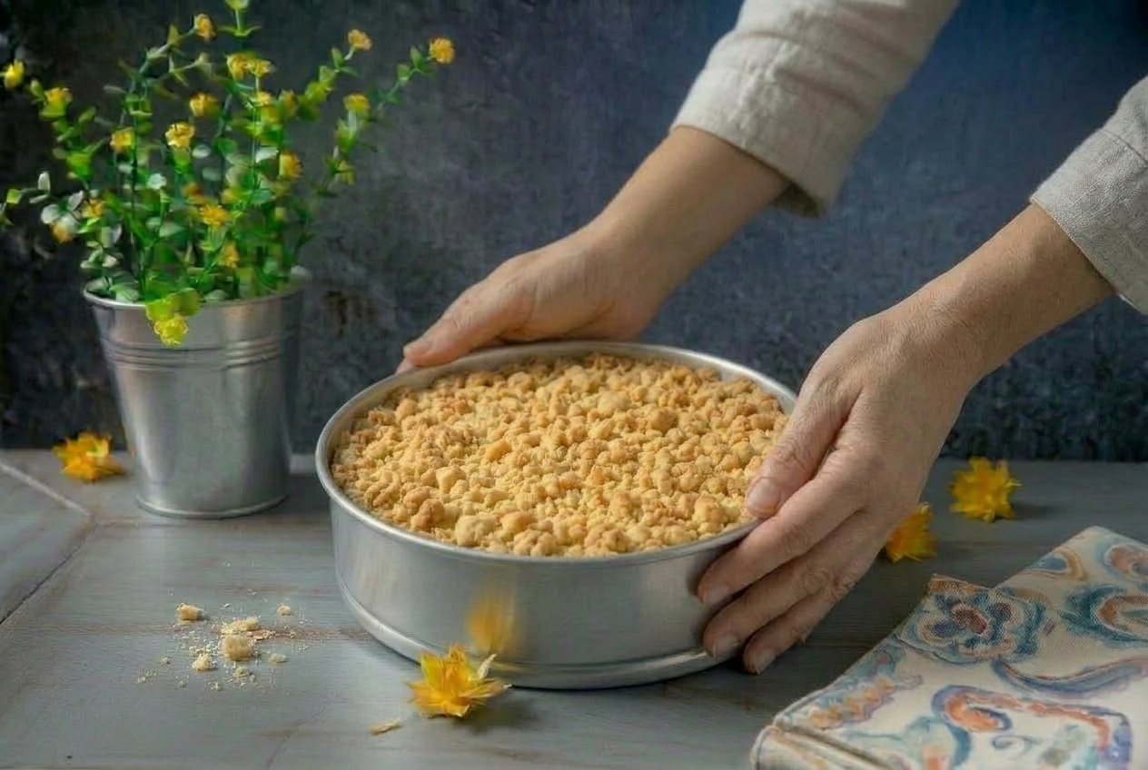 Mani che reggono la sbriciolata appena sfornata, con la superficie di briciole dorata e compatta