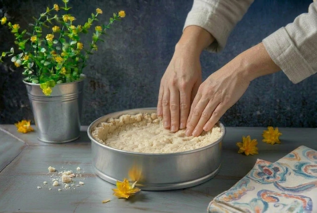 Mani che pressano e modellano il bordo di pasta sbriciolata cruda nella teglia