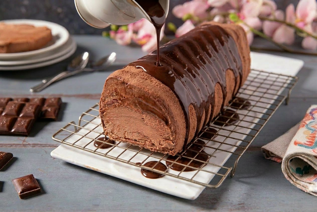Glassa al cioccolato versata sul semifreddo ancora congelato, che cola lungo i lati sulla gratella