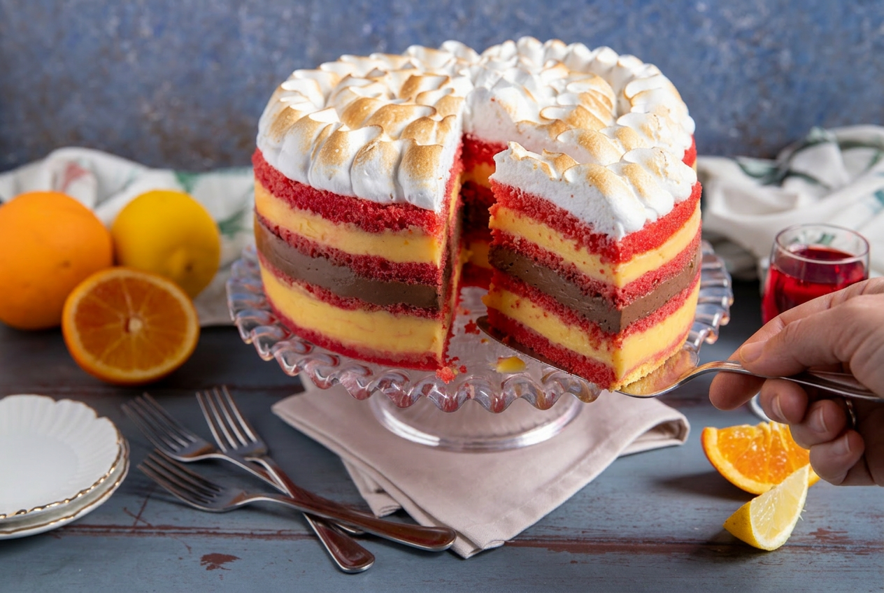 Una fetta di torta zuppa inglese viene sollevata, rivelando strati di pan di Spagna rosso, crema e cioccolato sotto la meringa dorata