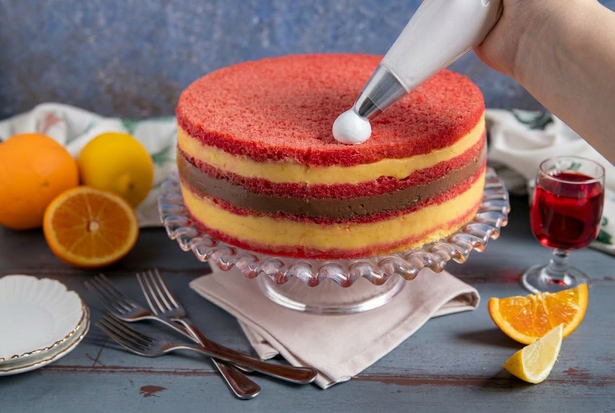 Sac-à-poche che depone il primo ciuffo di meringa sulla torta zuppa inglese a strati
