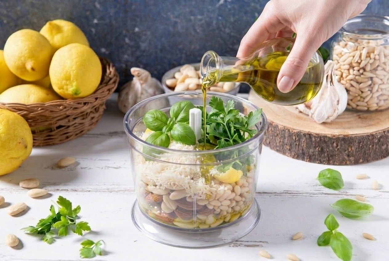 Olio extravergine versato nel mixer con basilico, prezzemolo, pinoli e parmigiano grattugiato