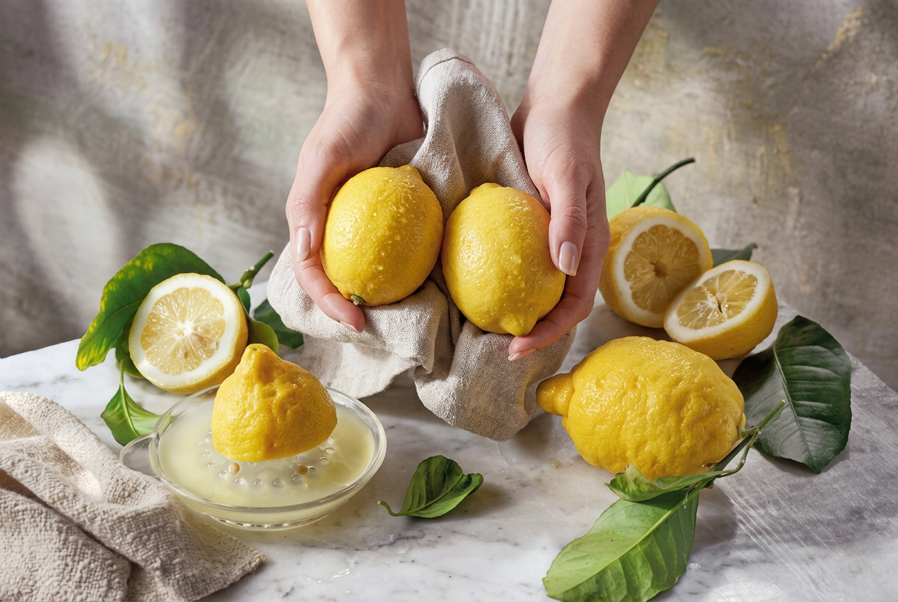 Mani che reggono limoni freschi con foglie, accanto a uno spremiagrumi con succo