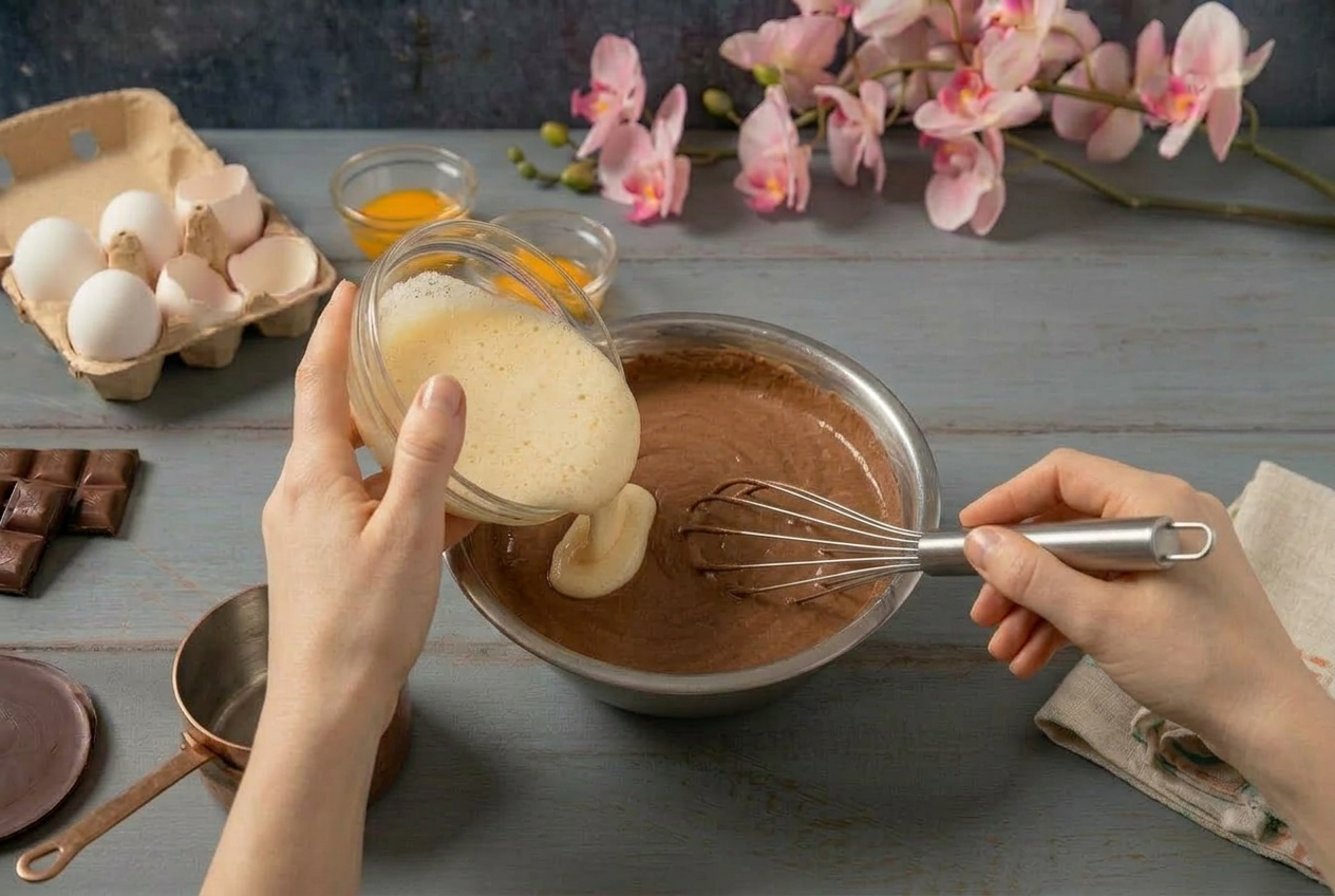 Panna semi-montata versata nella ganache al cioccolato mentre una mano tiene la frusta