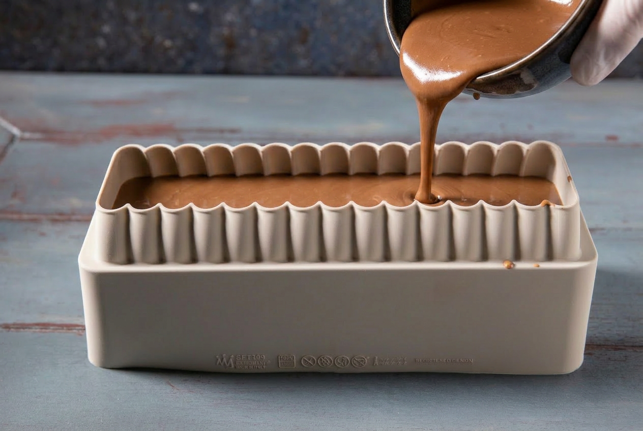Composto al cioccolato versato a filo nello stampo scanalato già parzialmente riempito