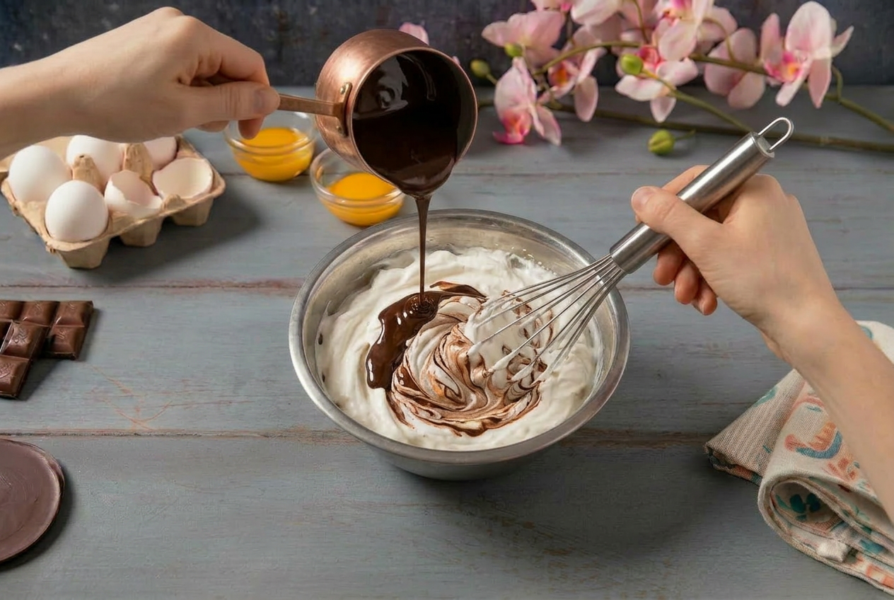 Cioccolato fuso versato a filo sulla panna semimontata mentre una frusta amalgama i due composti