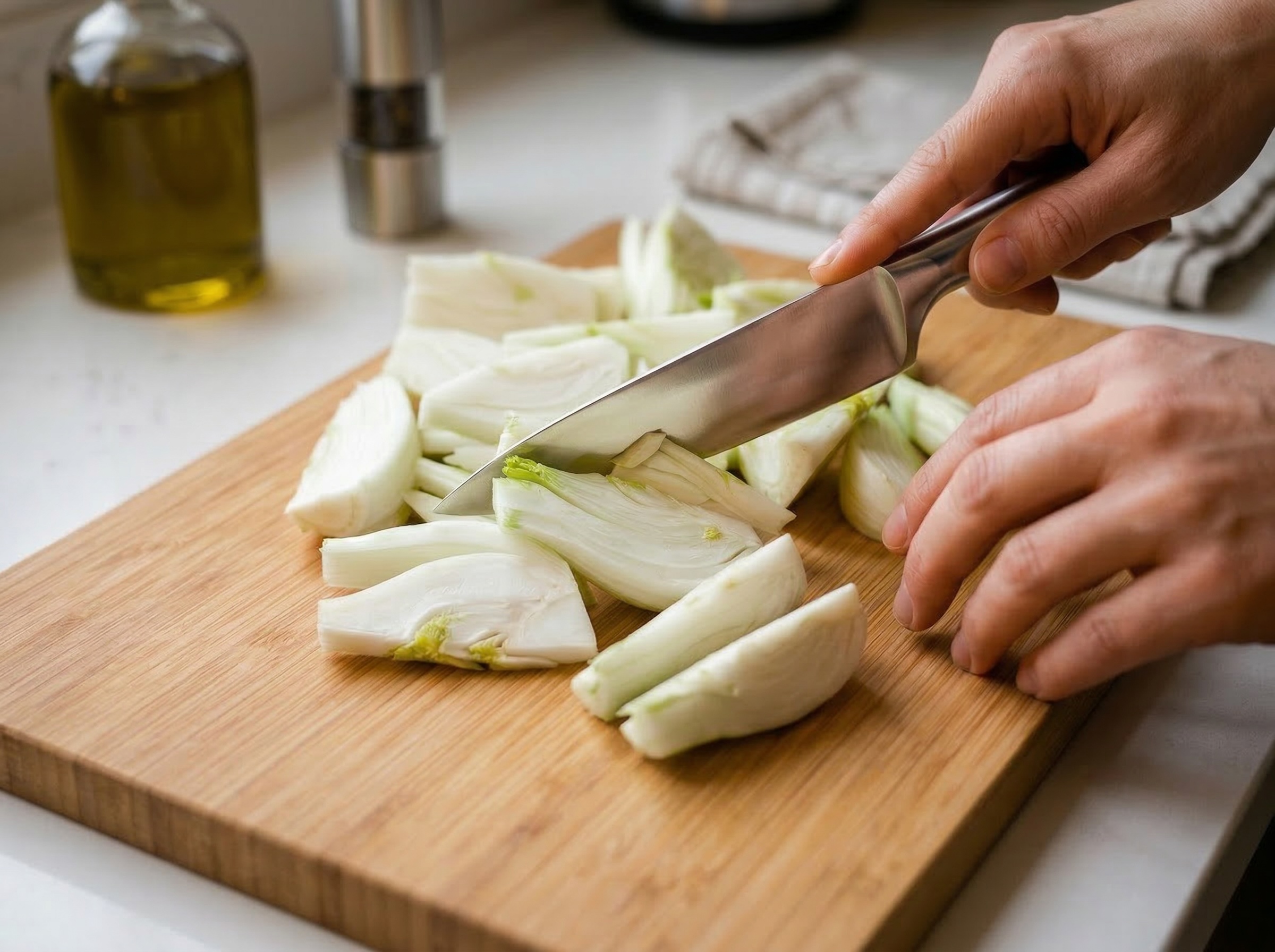 Mani che tagliano il finocchio a spicchi su un tagliere