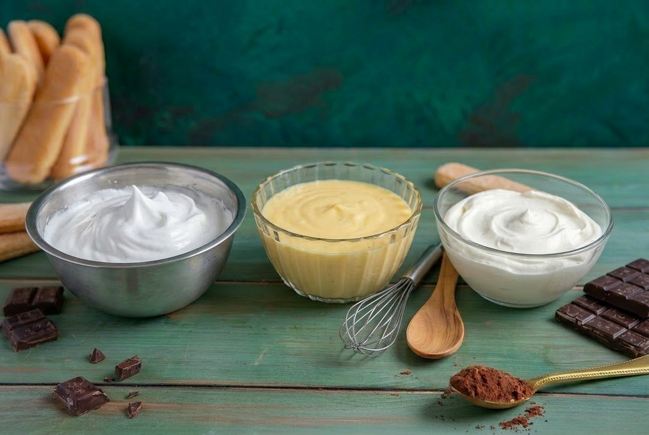 Tre ciotole con albumi montati, crema al tuorlo e ricotta pronte per il tiramisù