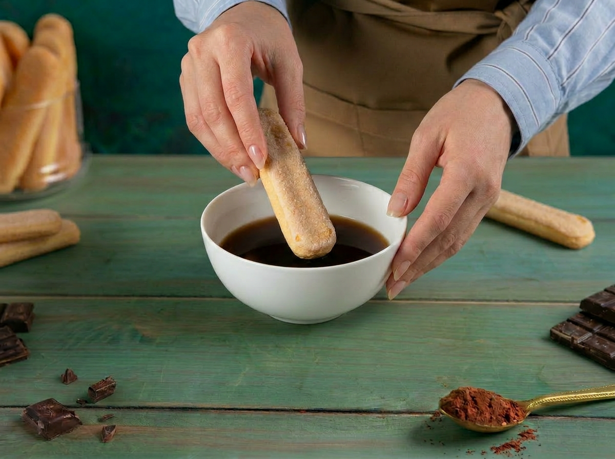 Mano che intinge un savoiardo nel caffè espresso per il tiramisù alla ricotta