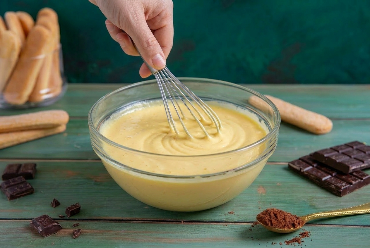 Crema gialla densa montata a frusta in una ciotola, con savoiardi e cioccolato intorno