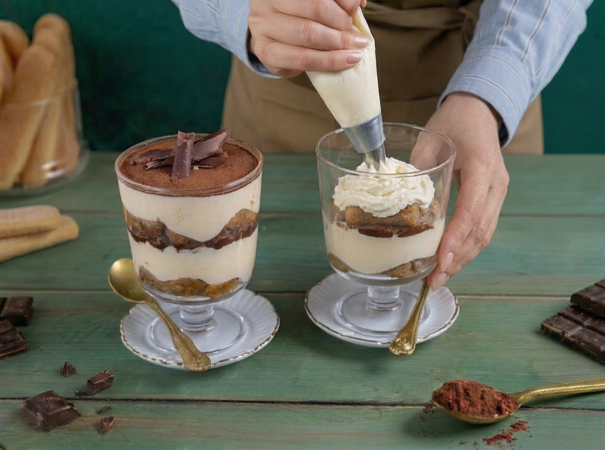 Crema al mascarpone sprizzata con sac à poche su bicchiere di tiramisù a strati