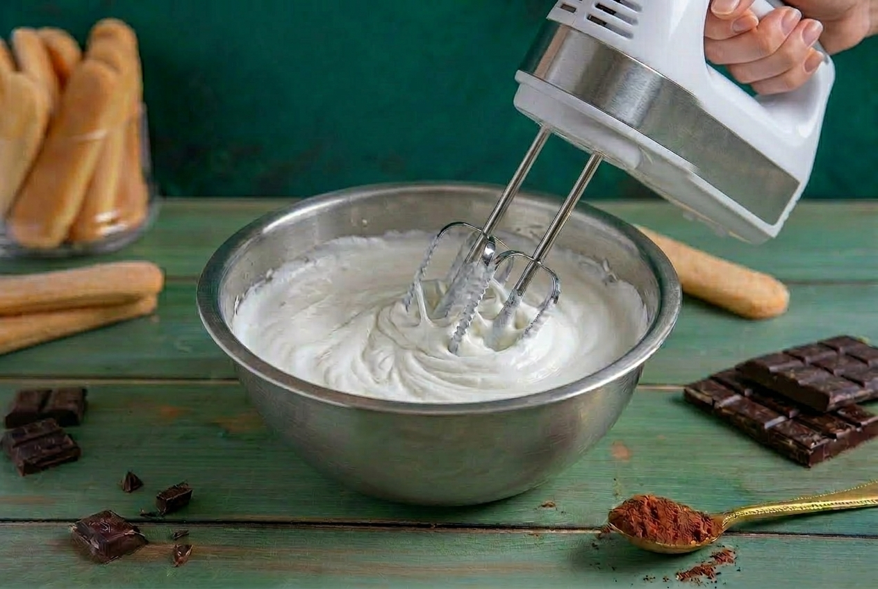 Crema bianca e soda montata con le fruste elettriche, con savoiardi e cacao sullo sfondo