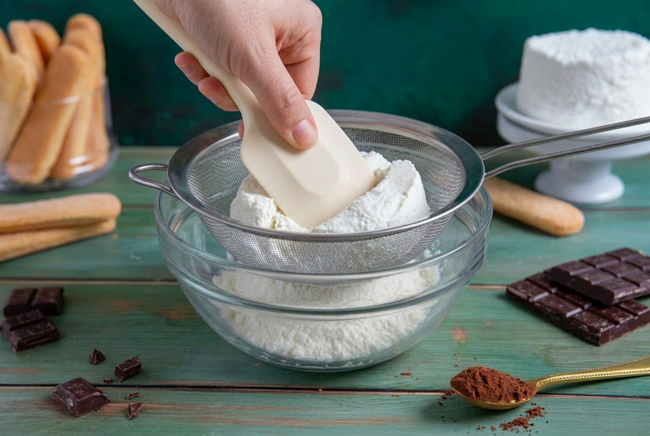 Ricotta setacciata con una spatola attraverso un colino a maglie fini