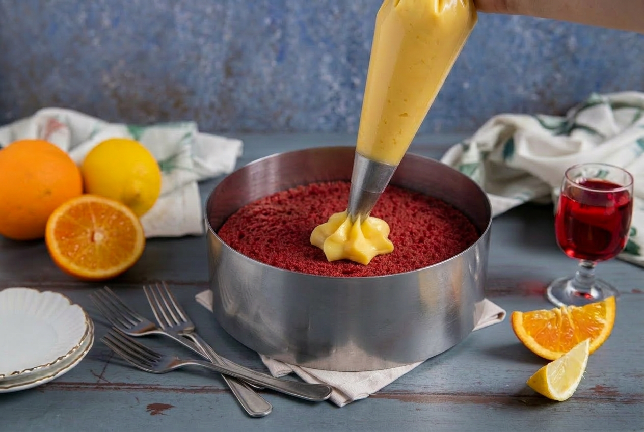 Crema pasticcera distribuita con sac à poche sul disco di pan di Spagna rosso nell'anello da pasticceria