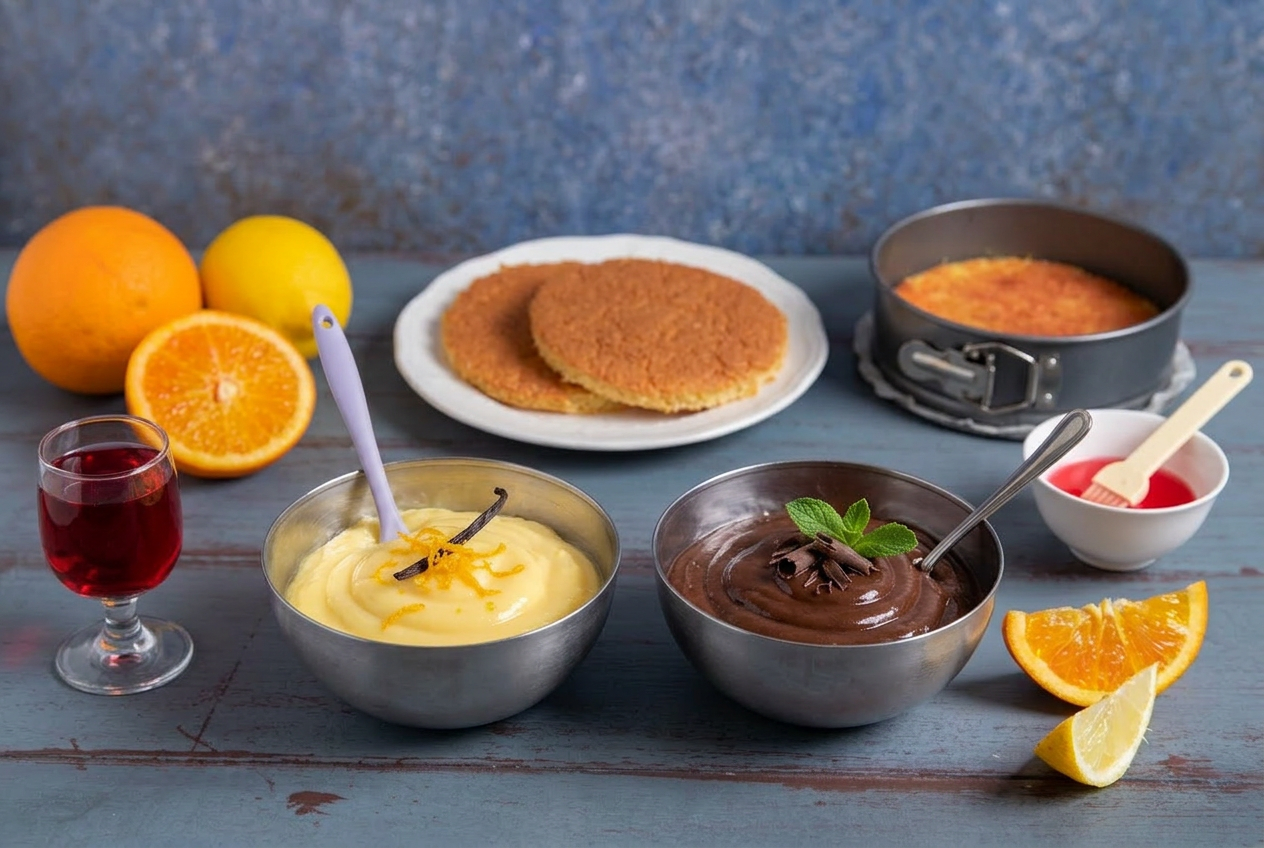 Crema pasticcera alla vaniglia e crema al cioccolato affiancate, con dischi di pan di spagna e scorze d'arancia