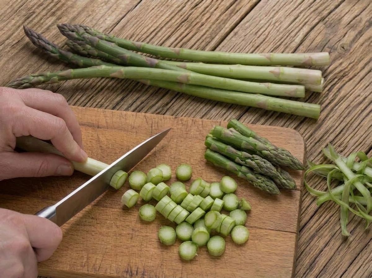 Mani che tagliano gli asparagi a rondelle sul tagliere, con le punte tenute da parte