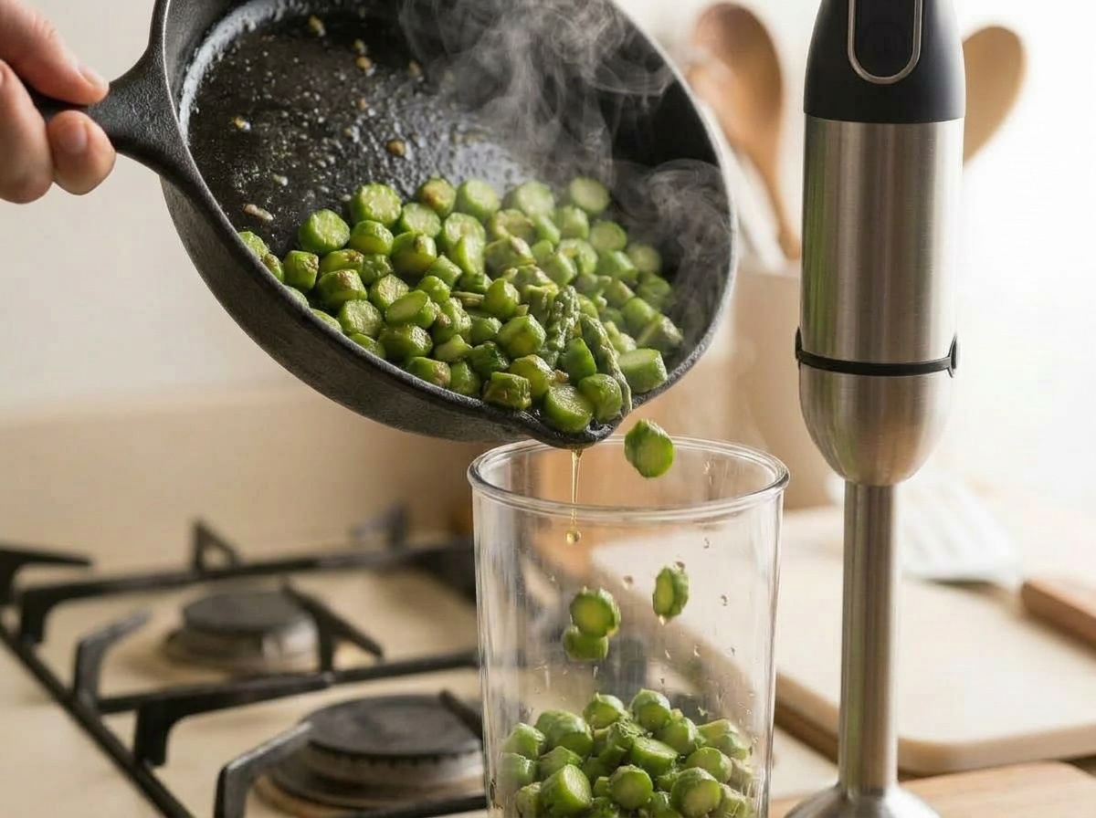 Gambi di asparagi saltati versati ancora fumanti nel bicchiere del frullatore a immersione