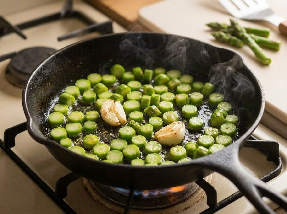 Rondelle di asparagi che sfrigolano in padella di ferro con due spicchi d'aglio