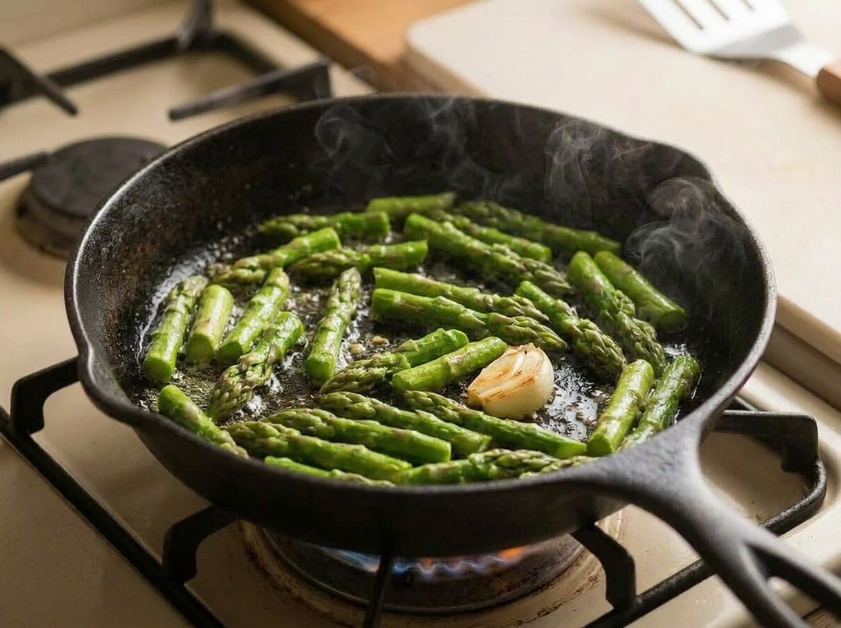 Punte di asparagi che saltano in padella di ferro con uno spicchio d'aglio dorato