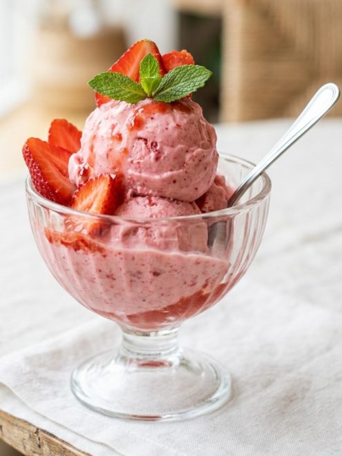 Gelato alla fragola servito con fettine di fragola fresca e foglioline di menta