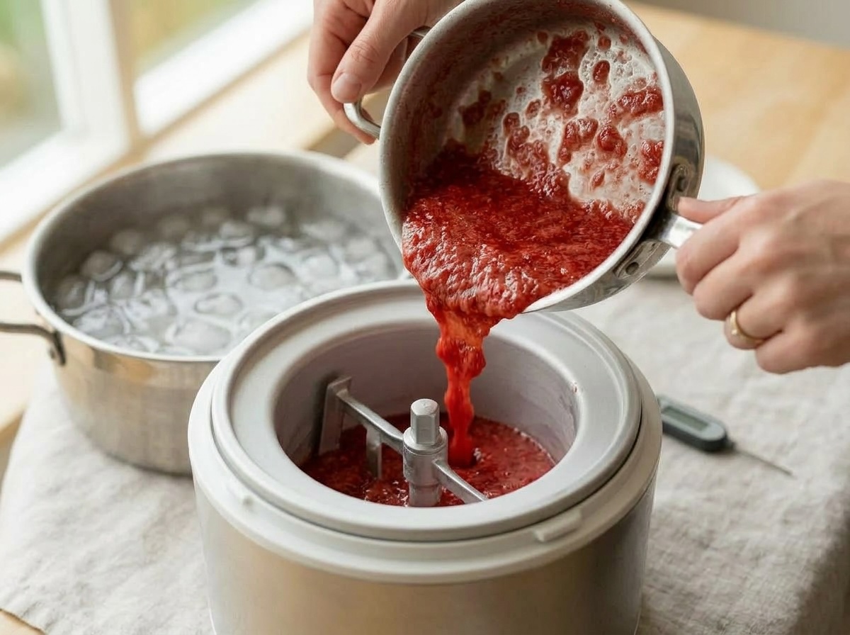 Mani che versano la base di fragole nella gelatiera già avviata