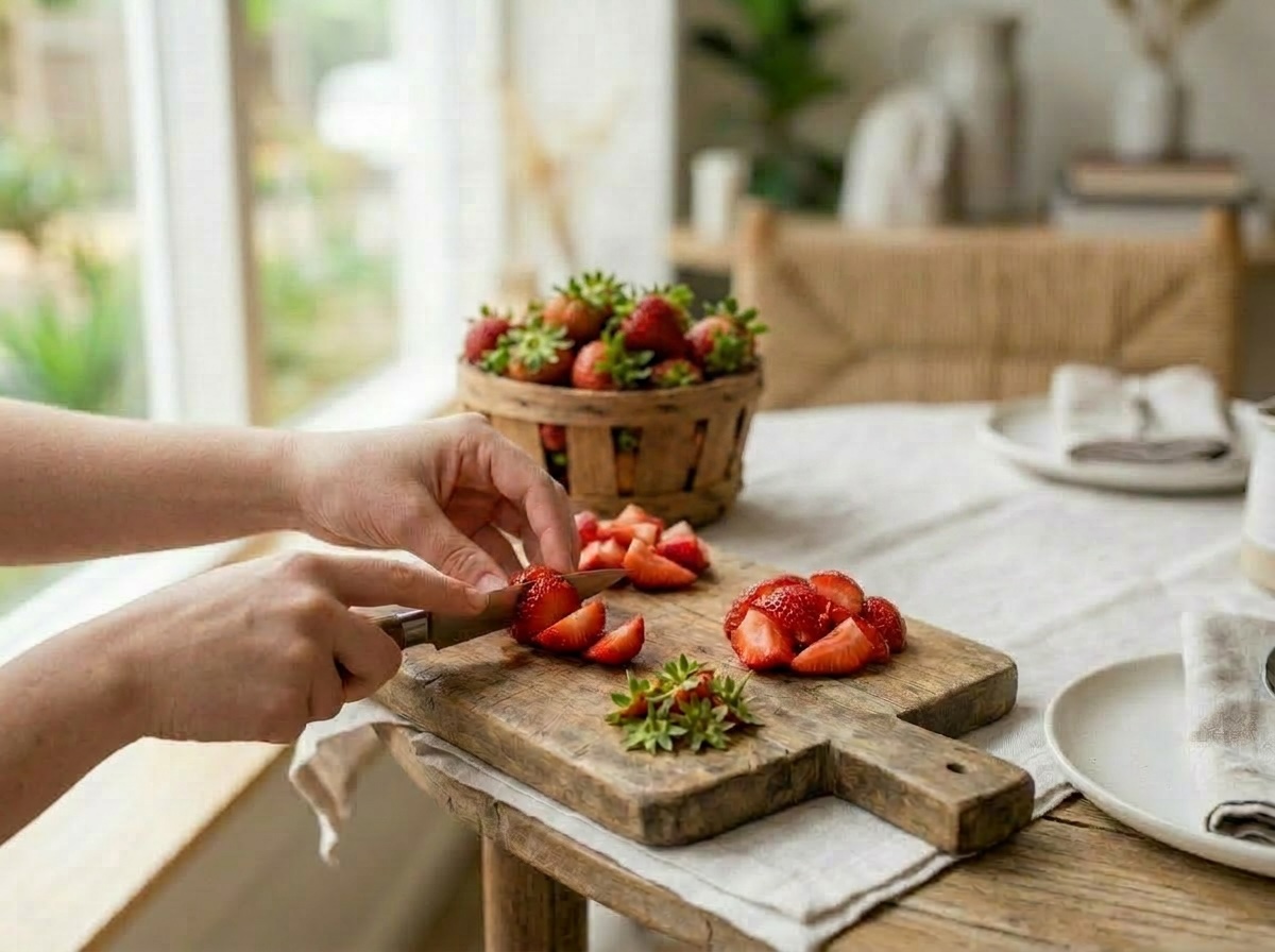 Mani che affettano fragole fresche su un tagliere, con altre fragole già tagliate accanto
