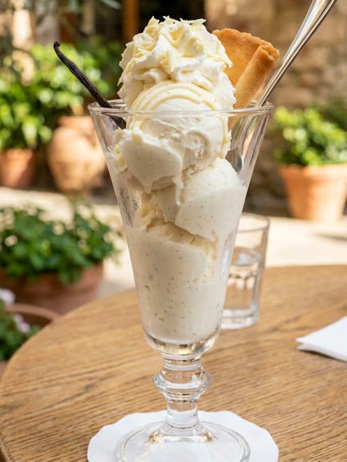 Gelato alla vaniglia in coppa con panna montata, scaglie di cioccolato bianco, biscotto e bacca di vaniglia