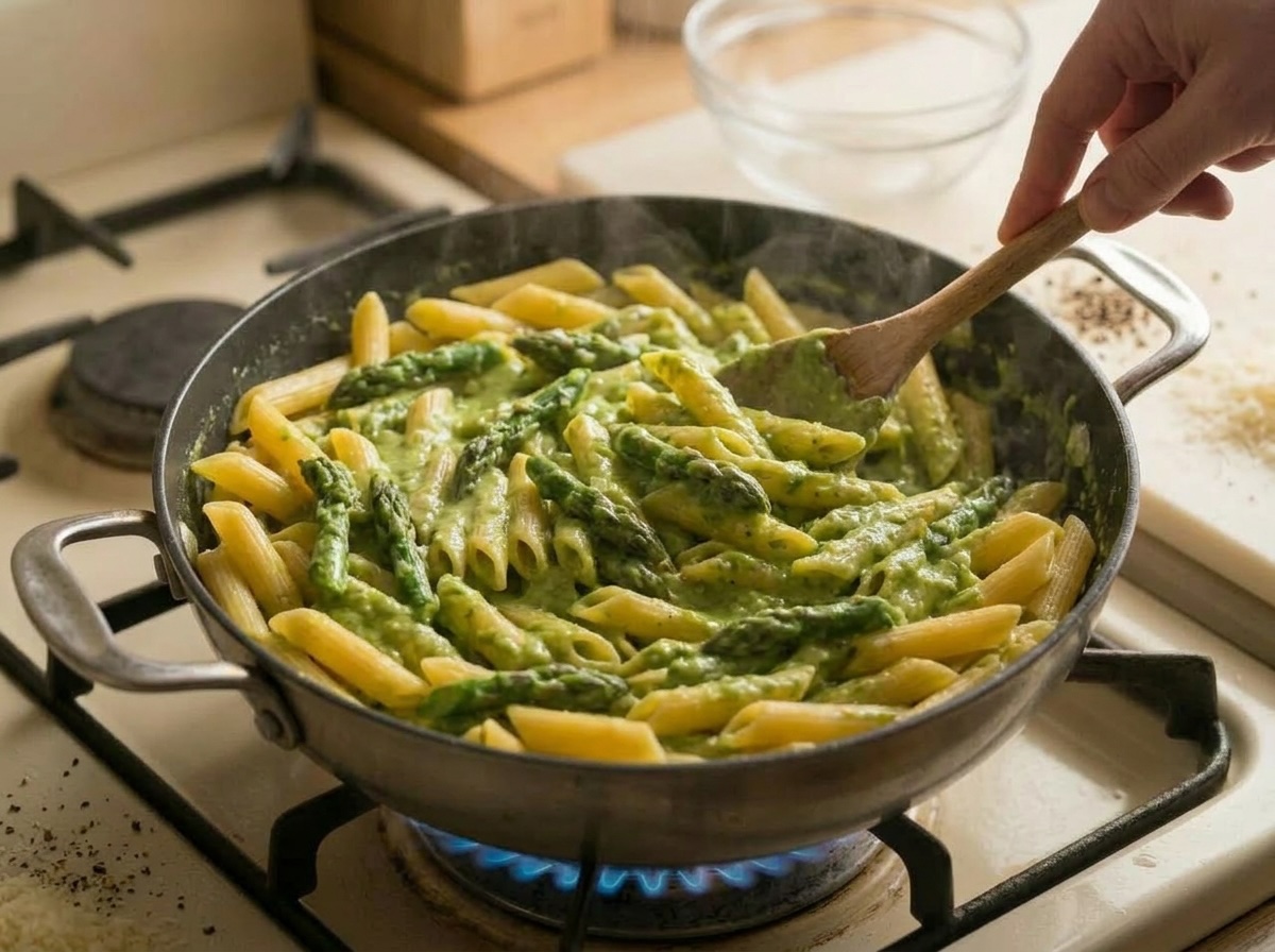 Penne con asparagi e crema verde mescolate in padella sul fuoco vivo
