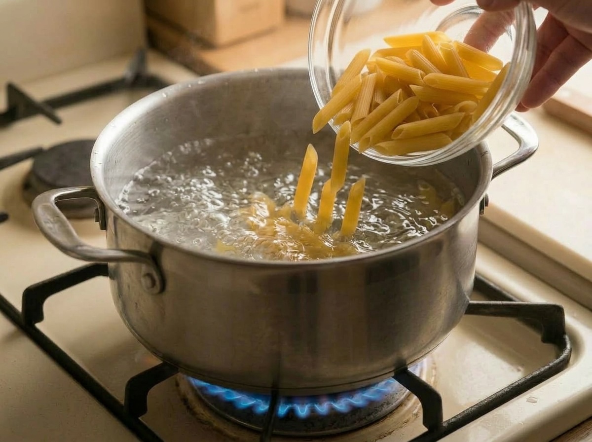 Penne rigate versate da una ciotola nell'acqua bollente sul fuoco a gas