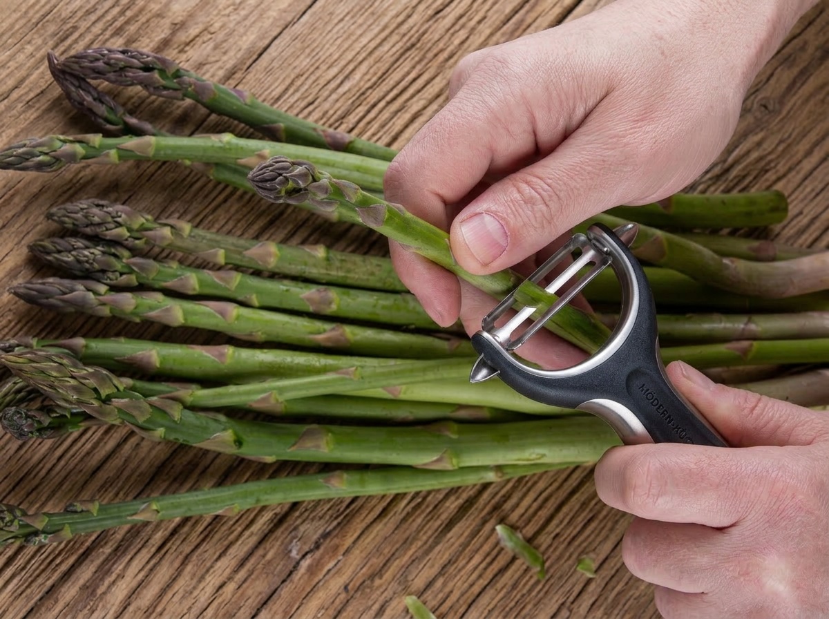 Mani che pelano un asparago verde con un pelapatate, su un mazzo di asparagi freschi