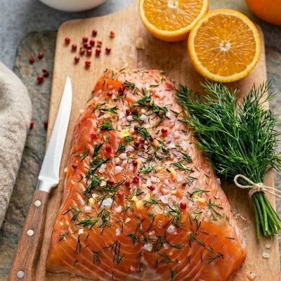 Salmone marinato con aneto fresco, sale grosso e pepe rosa, affiancato da arance tagliate a metà