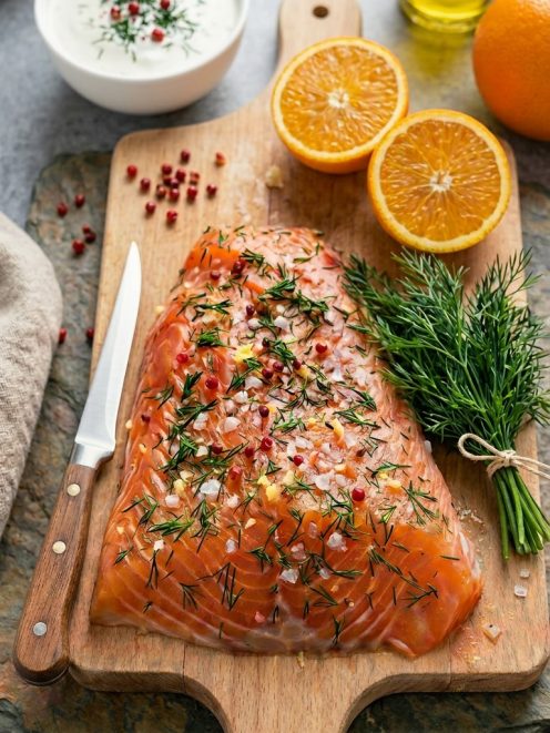 Salmone marinato con aneto fresco, sale grosso e pepe rosa, affiancato da arance tagliate a metà