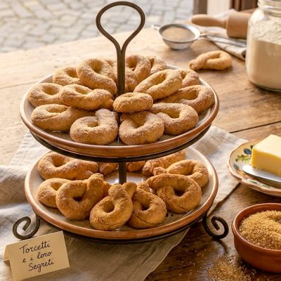 Torcetti dorati e zuccherati disposti su alzatina a due ripiani