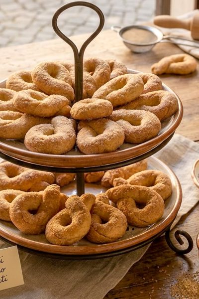 Torcetti dorati e zuccherati disposti su alzatina a due ripiani
