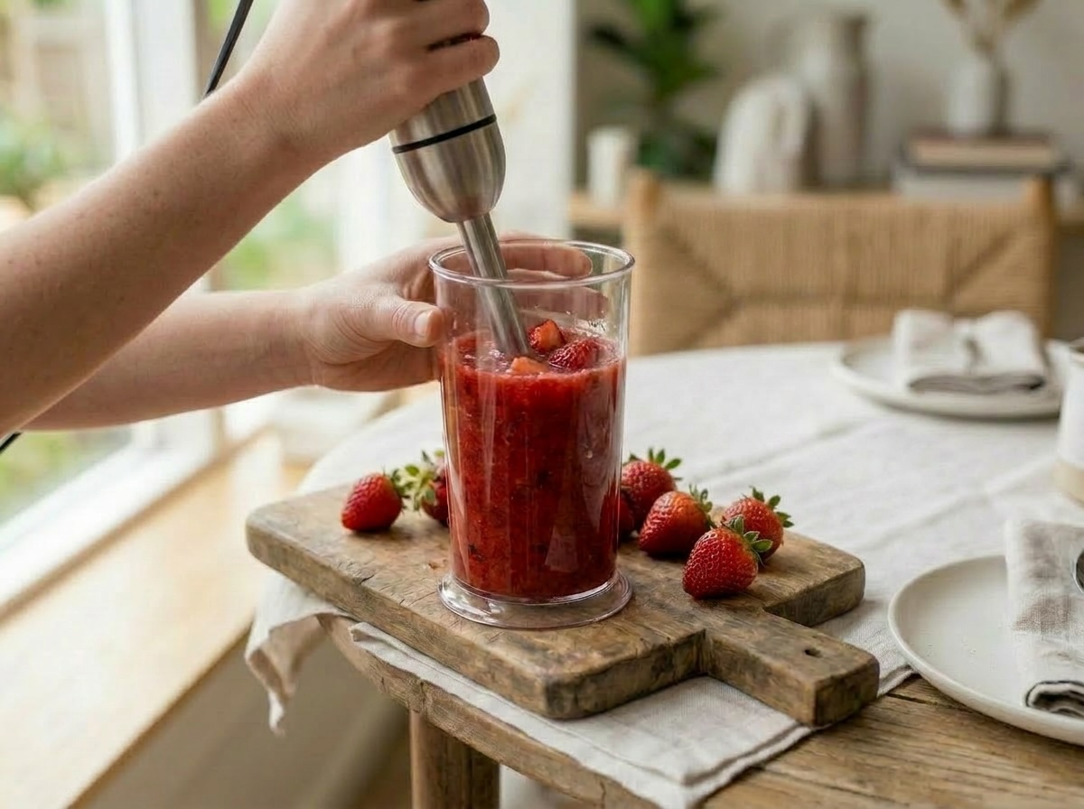 Frullatore a immersione che frulla le fragole fresche in un bicchiere alto