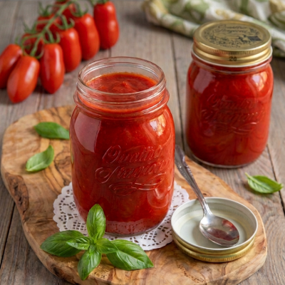Passata di pomodoro in barattoli di vetro con foglie di basilico fresco e pomodorini sul rametto