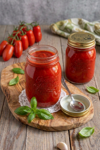 Passata di pomodoro in barattoli di vetro con foglie di basilico fresco e pomodorini sul rametto
