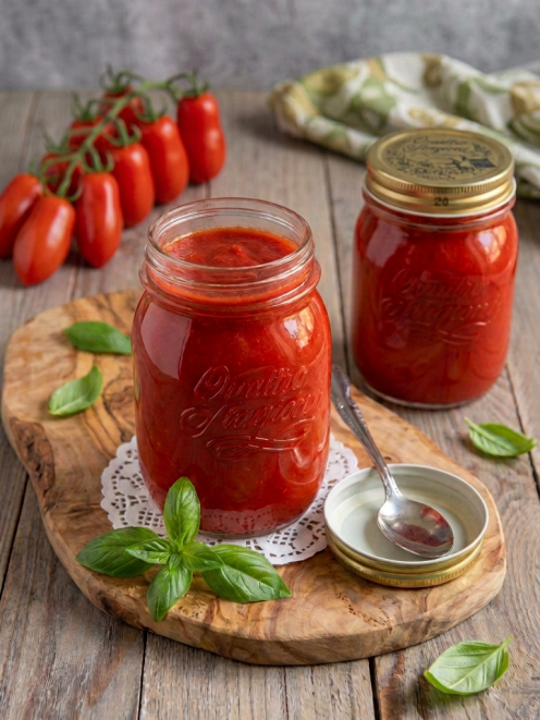 Passata di pomodoro in barattoli di vetro con foglie di basilico fresco e pomodorini sul rametto